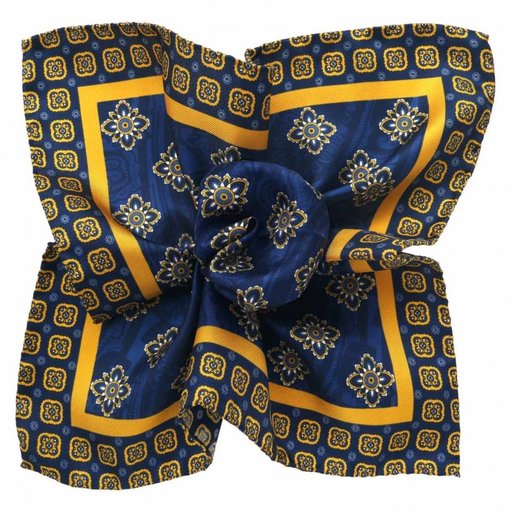 Pochette de costume made in Italie. Bleu et jaune à carrés fleuris