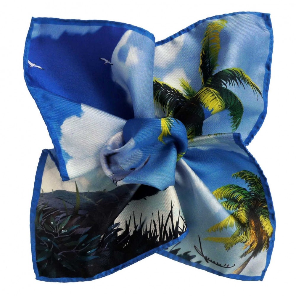 Pochette de costume made in Italie. Bleu ciel motif Palmier et Oiseaux