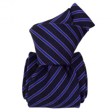 Cravate luxe made in Italie. Bleu marine à rayures bleu roi