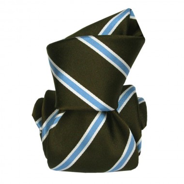 Cravate luxe made in Italie. Vert kaki à rayures bleues...