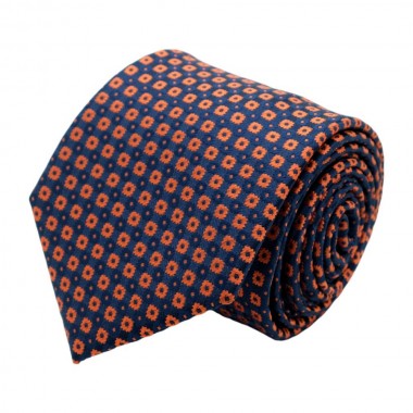 Cravate Classique Attora. Bleu nuit à motifs carrés orange