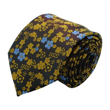 Cravate Classique Attora. Marron à fleurs jaunes et bleues