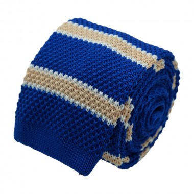 Cravate Tricot à bout carré. Bleu Roi à rayures jaunes.