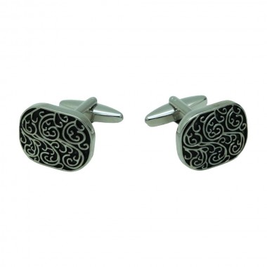 Boutons de manchette Métal. Motif floral sur fond noir