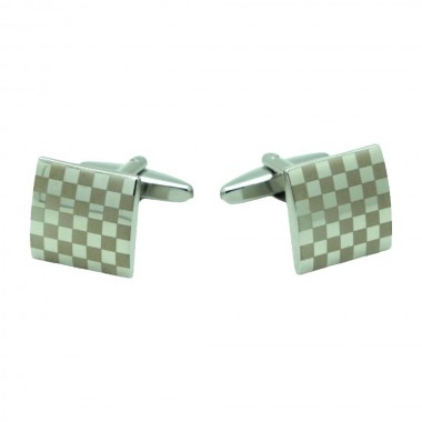 Boutons de manchette Métal. Carré à damier métal et beige