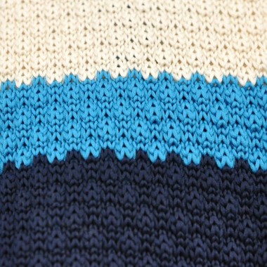 Cravate Tricot Marine, Beige et Turquoise. Bout carré. 2
