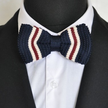 Noeud papillon en tricot. Noué. Bleu marine à rayures beige et bordeaux 2