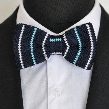 Noeud papillon en tricot. Noué. Bleu marine à rayures blanche et turquoise 2