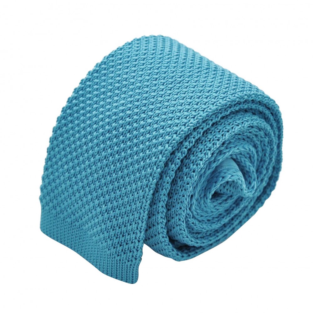 Cravate tricot pour homme. Bleu turquoise uni. Slim et bout carré.