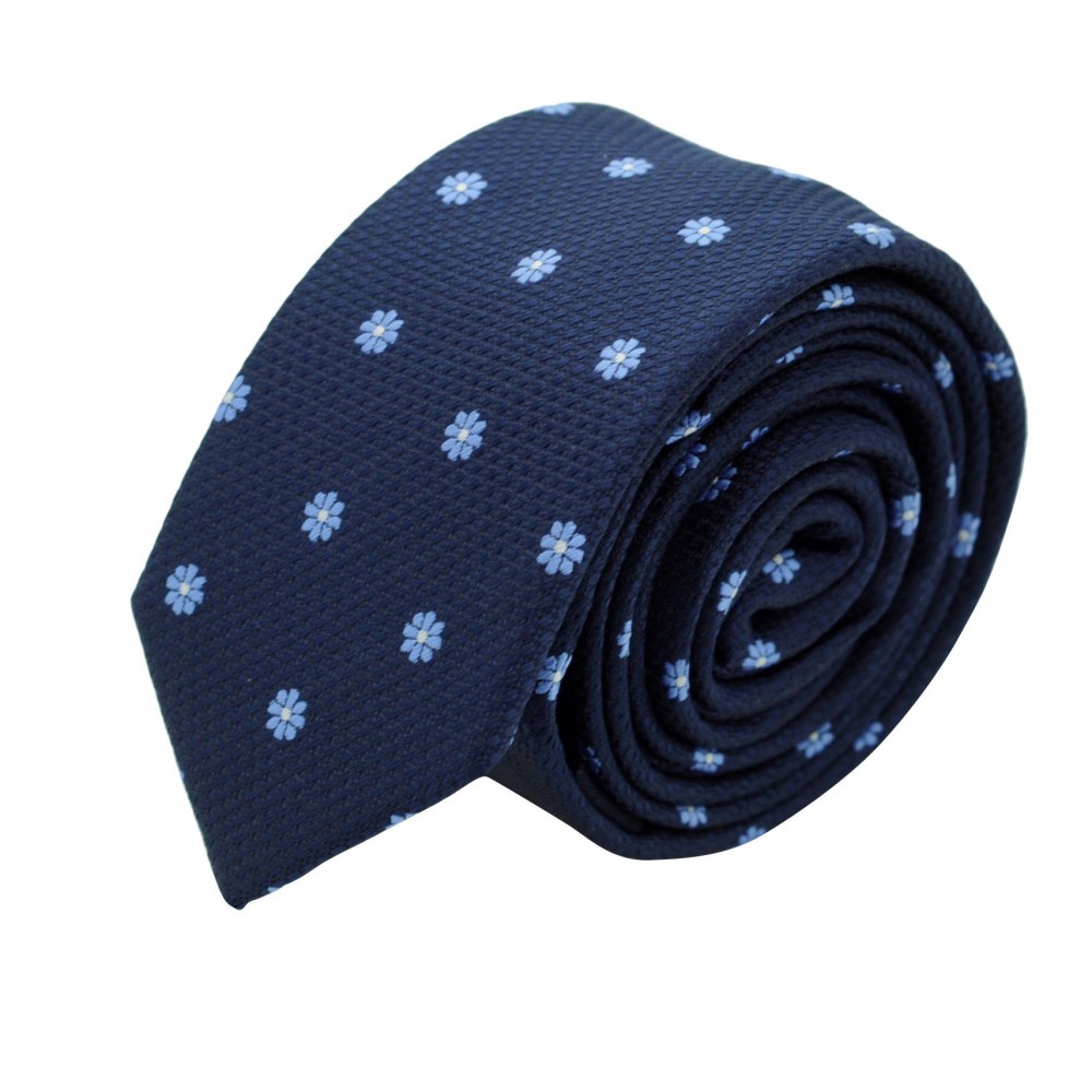 Cravate Slim Homme. Bleu Marine à fleurs ciel