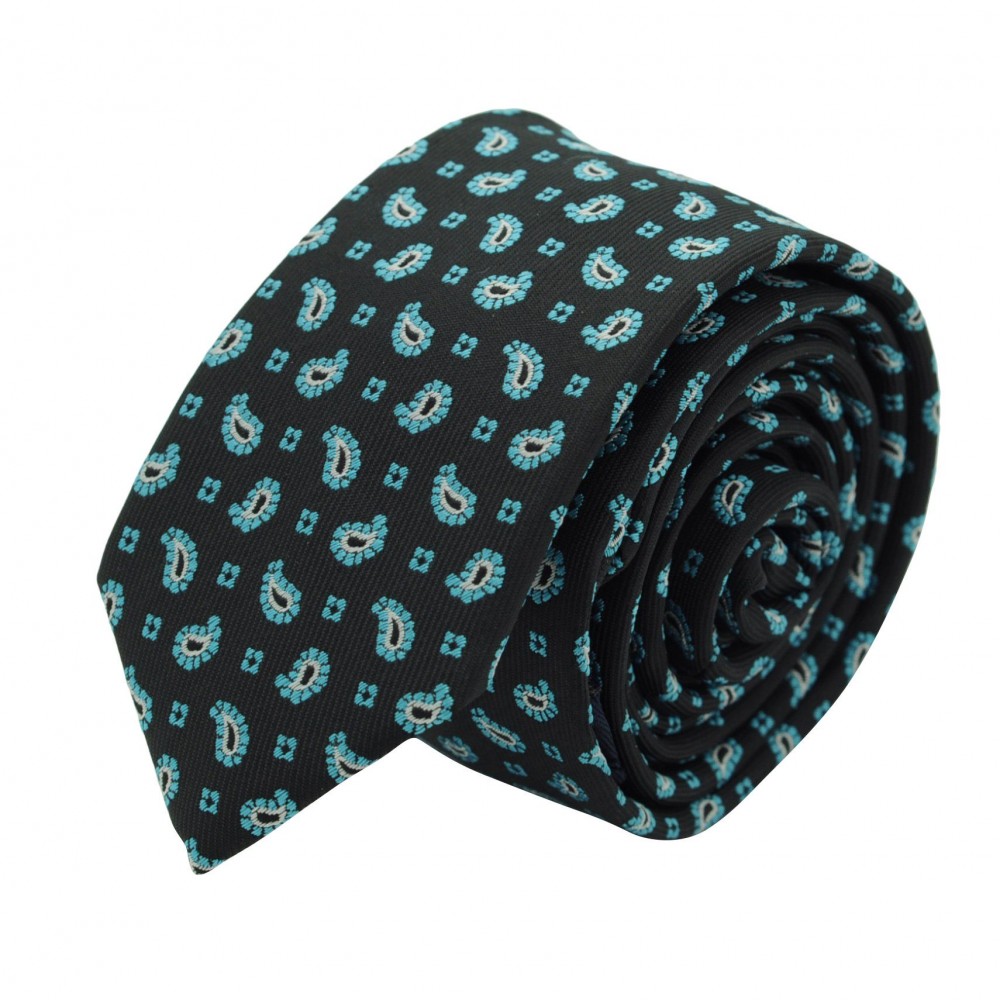 Cravate Slim Homme. Noir à petits motifs Paisley turquoise