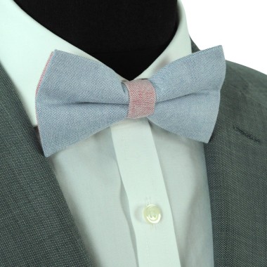 Noeud papillon pastel Bleu ciel et Rouge. En Coton, bicolore 2