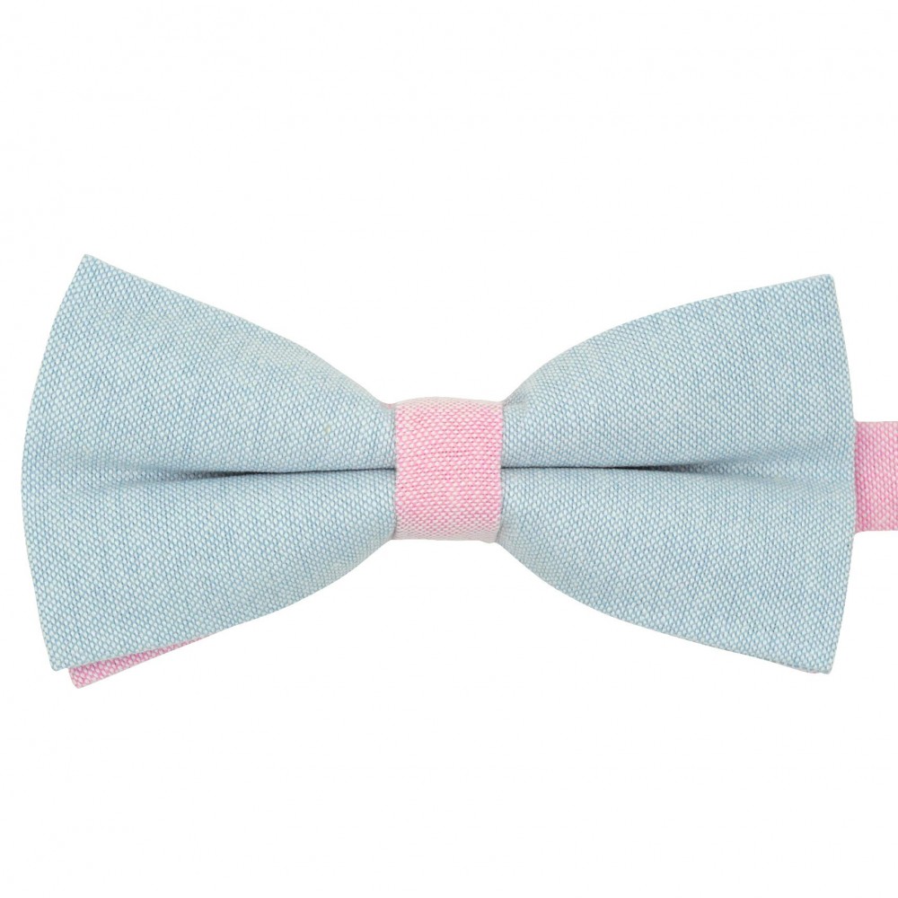 Noeud papillon pastel Bleu ciel et Rose. En Coton, bicolore