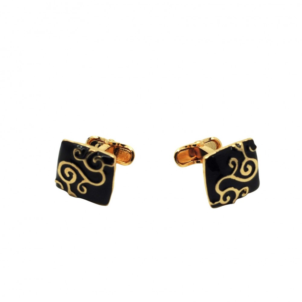 Boutons de manchette noirs à motif. Doré. Pour chemise mousquetaire homme.