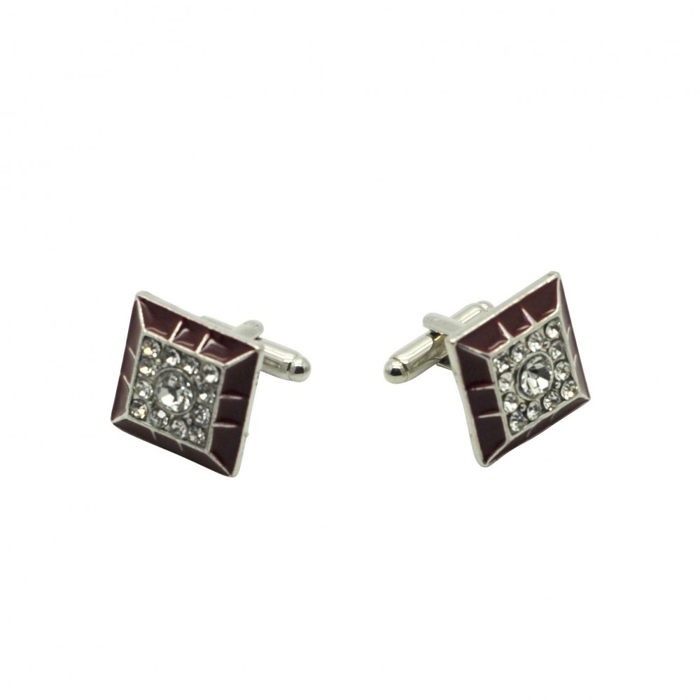 Boutons de manchette carrés bordeaux et strass. Métal. Pour chemise mousquetaire homme.