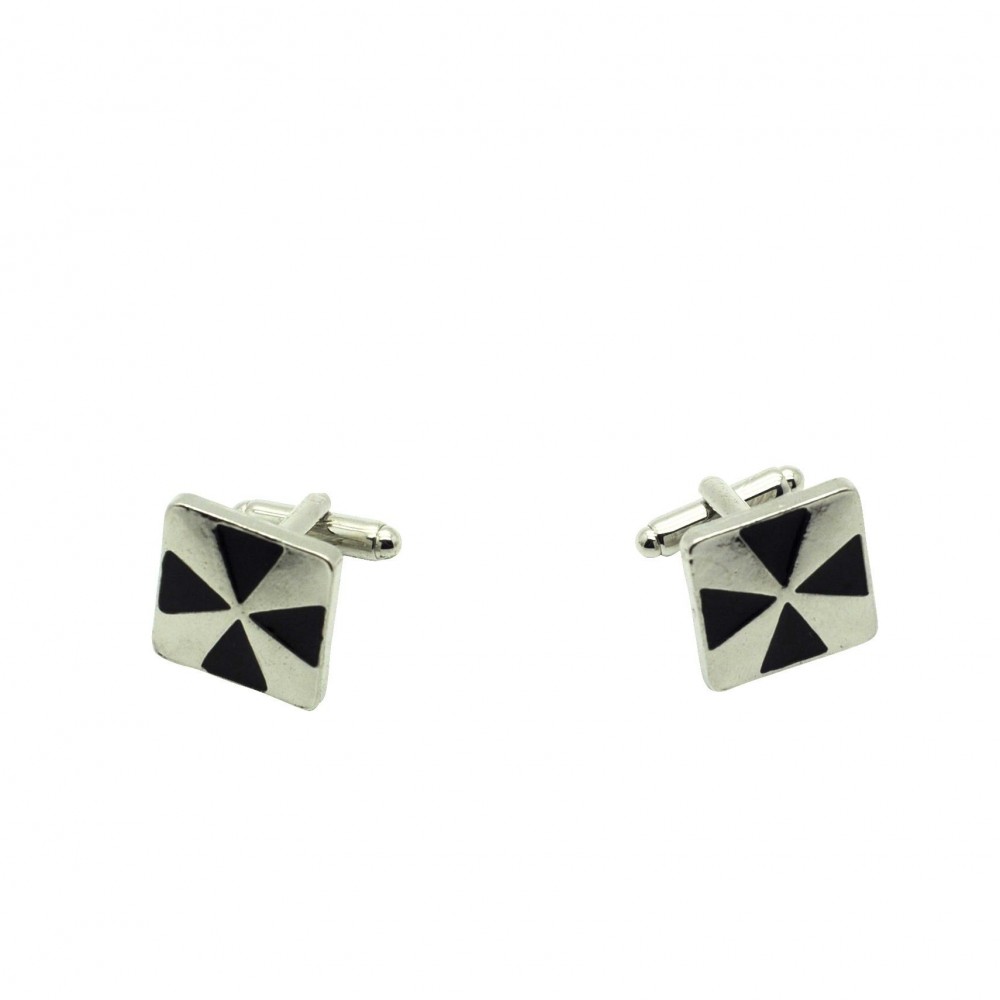 Boutons de manchette carrés noirs à motif triangle. Métal. Pour chemise mousquetaire homme.