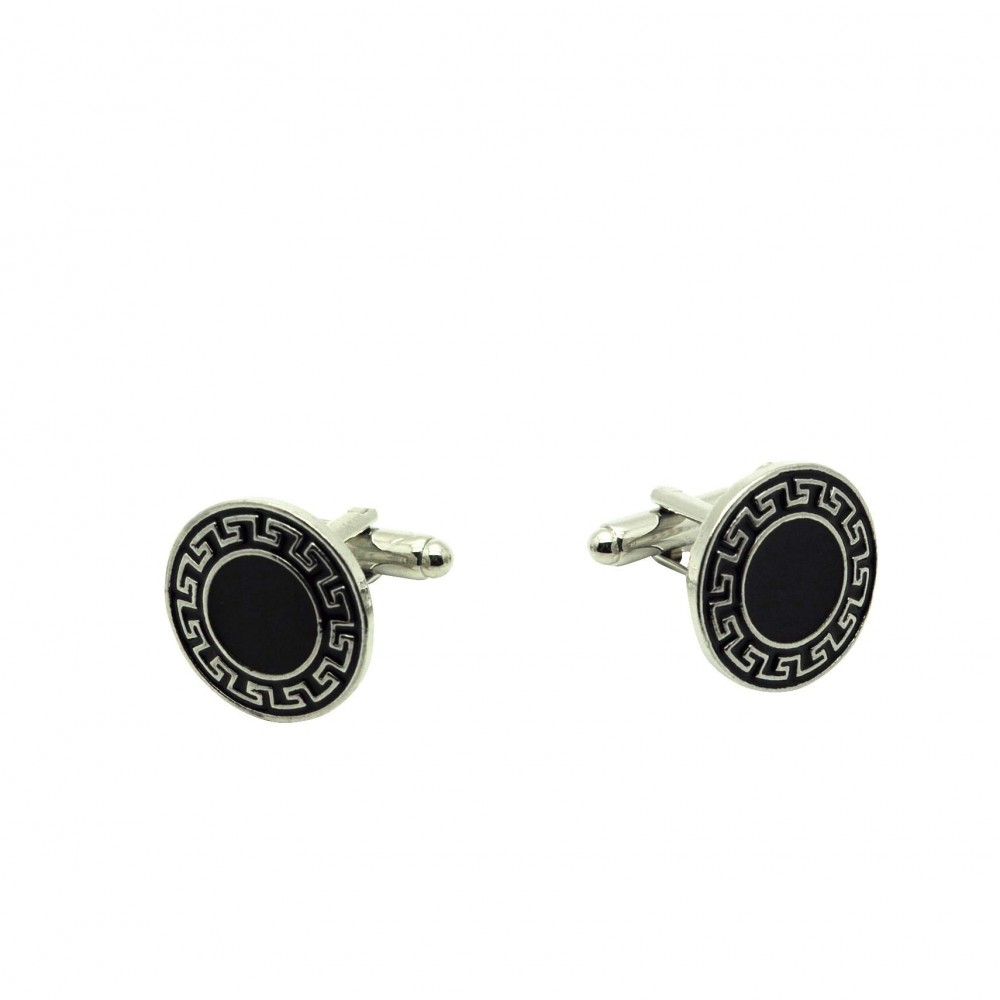 Boutons de manchette ronds noirs avec motifs. Métal. Pour chemise mousquetaire homme.