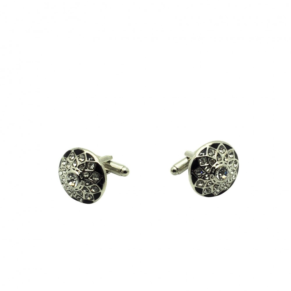 Boutons de manchette ronds à strass motif fleurs. Métal. Pour chemise mousquetaire homme.