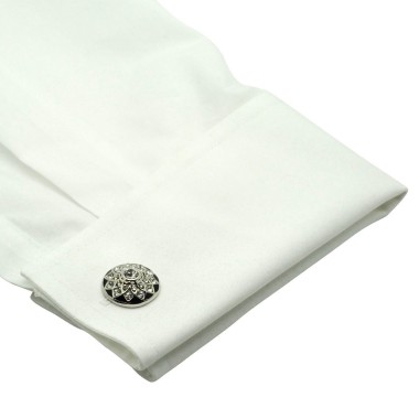 Boutons de manchette ronds à strass motif fleurs. Métal. Pour chemise mousquetaire homme.