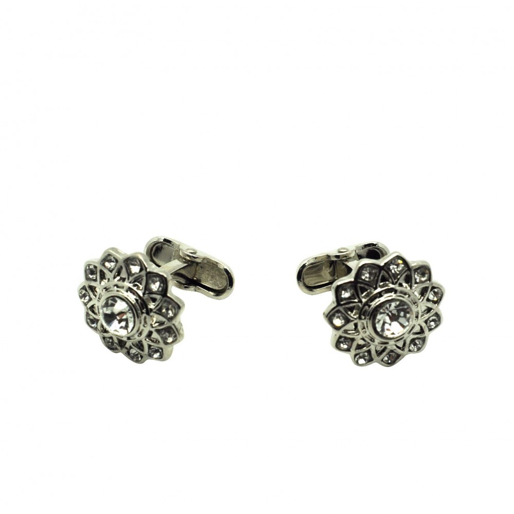 Boutons de manchette fleurs en strass. Métal. Pour chemise mousquetaire homme.