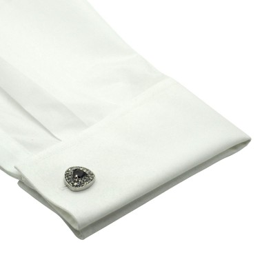 Boutons de manchette triangles arrondis à strass et pierre noire. Métal. Pour chemise mousquetaire homme.