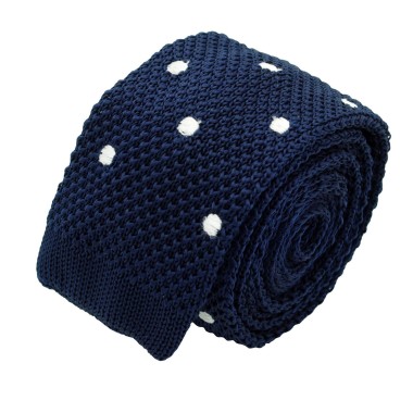 Cravate Tricot Homme. Bleu Marine à gros pois blancs