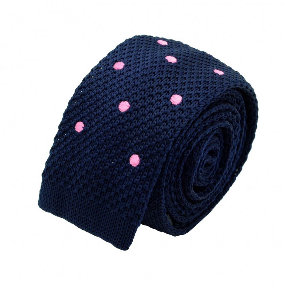 Cravate Tricot Homme. Bleu Marine à gros pois roses