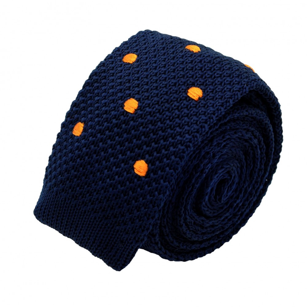 Cravate Tricot Homme. Bleu Marine à gros pois oranges