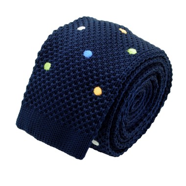 Cravate Tricot Homme. Bleu Marine à gros pois multicolores