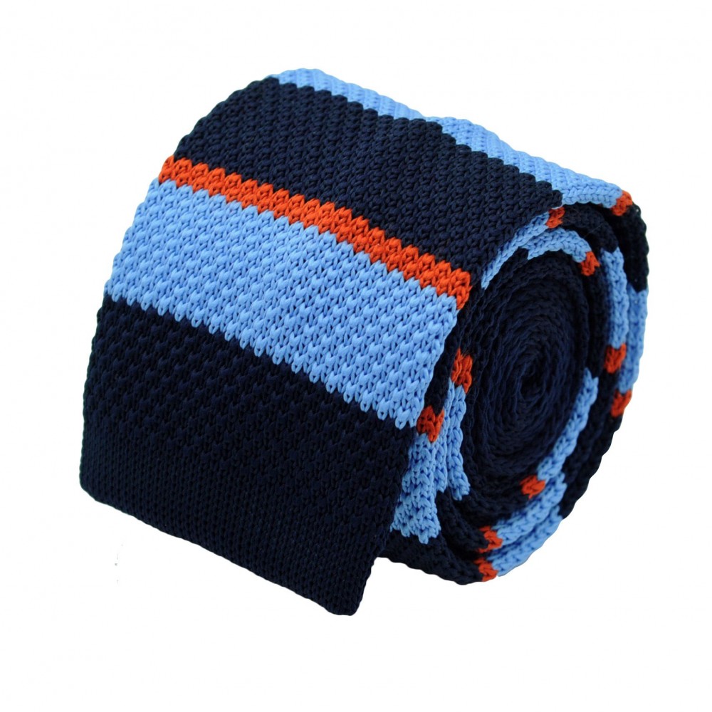 Cravate Tricot Homme. Bleu à rayures bleue et orange
