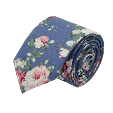 Cravate Liberty homme Coton-Lin. Bleu jean à fleurs