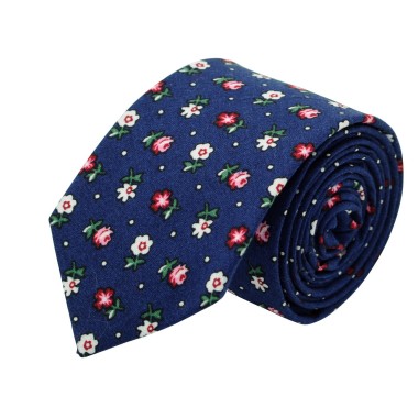 Cravate Liberty homme Coton-Lin. Bleu marine à petites fleurs