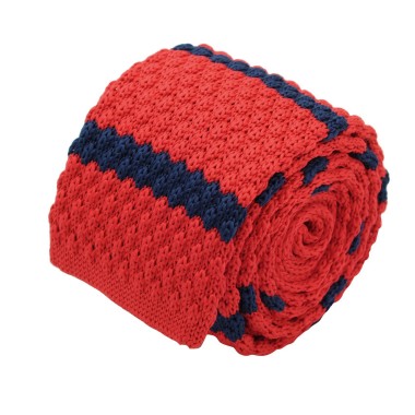 Cravate tricot homme. Rouge à rayures marine. Grosse maille