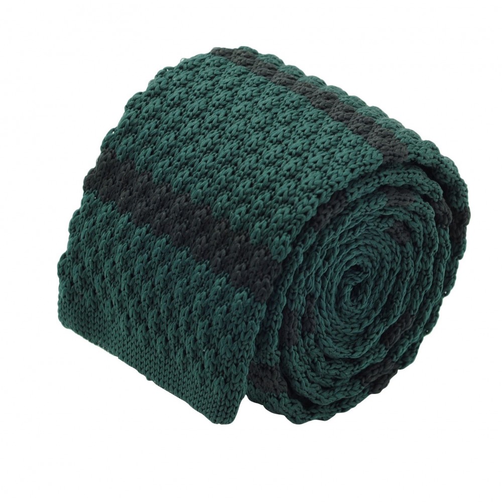 Cravate tricot homme. Vert à rayures marine. Grosse maille