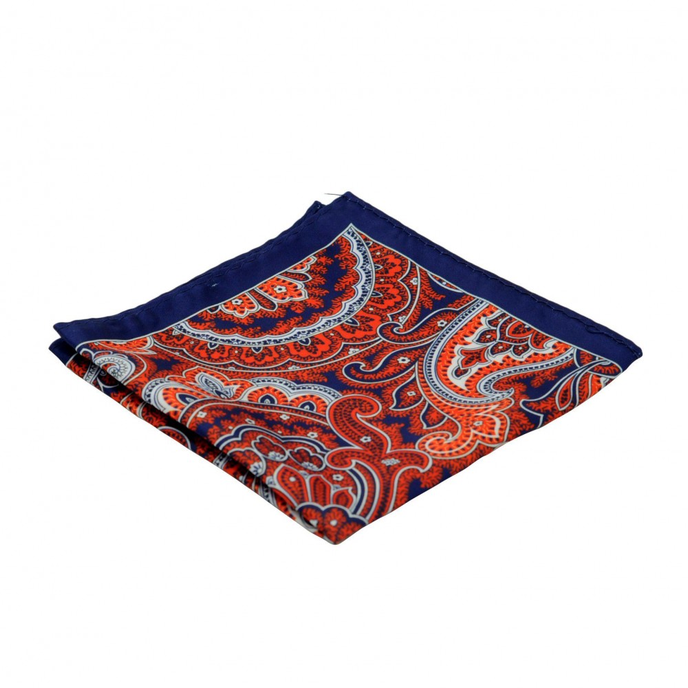 Pochette de costume homme. Bleu marine et Orange à grands Paisley