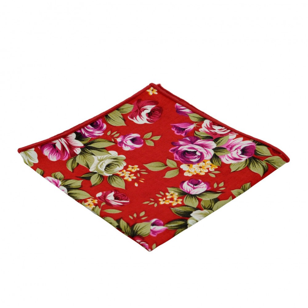 Pochette de costume homme Liberty à grandes fleurs. Rouge à liseret