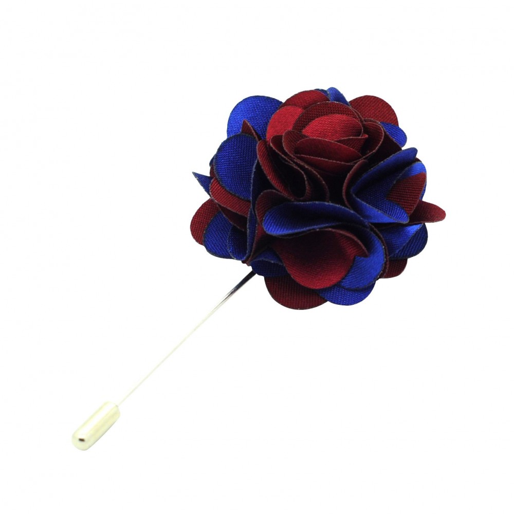 Broche Fleur bicolore Bordeaux et Bleu pour boutonnière de costume homme