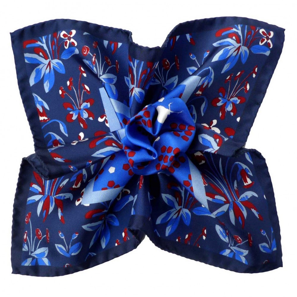 Pochette de costume Soie Marine, Bleu et Bordeaux floral et Héron