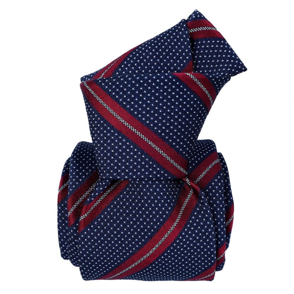 Cravate homme made in Italie. 6-Plis fait à la main. Marine à rayures rouges