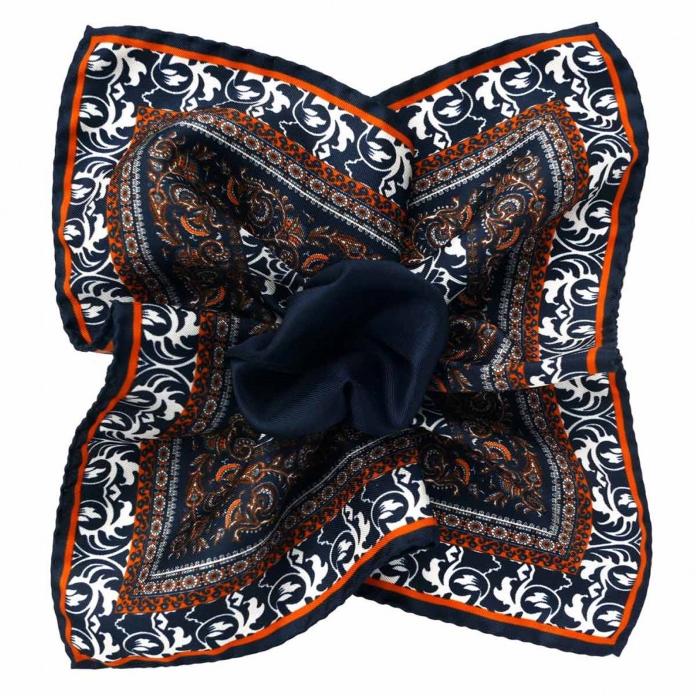 Pochette de costume made in Italie. Bleu marine et orange à motifs fleuris
